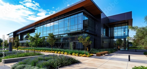 Modern multi-storey office building with glass windows looking out over the green garden during the day