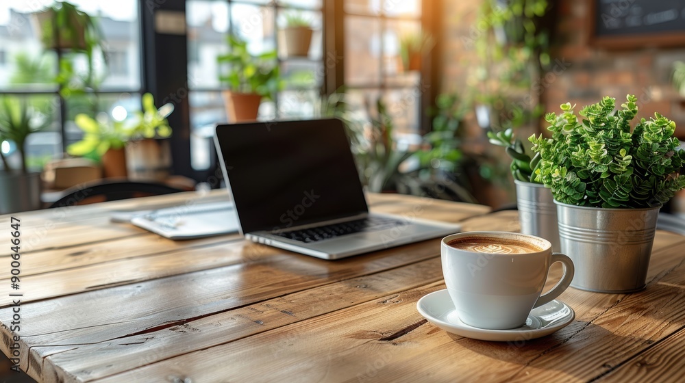 A well-organized office desk with a laptop, notebook, coffee cup, and office supplies, ready for a productive day. A well-organized office desk with a laptop, notebook, coffee cup, and office supplies, ready for a productive day.