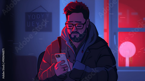 Vector Image of a Person Looking at a Smartphone in a Modern Setting and Feeling Sad, Capturing the Essence of Contemporary Digital Interaction, Generative AI