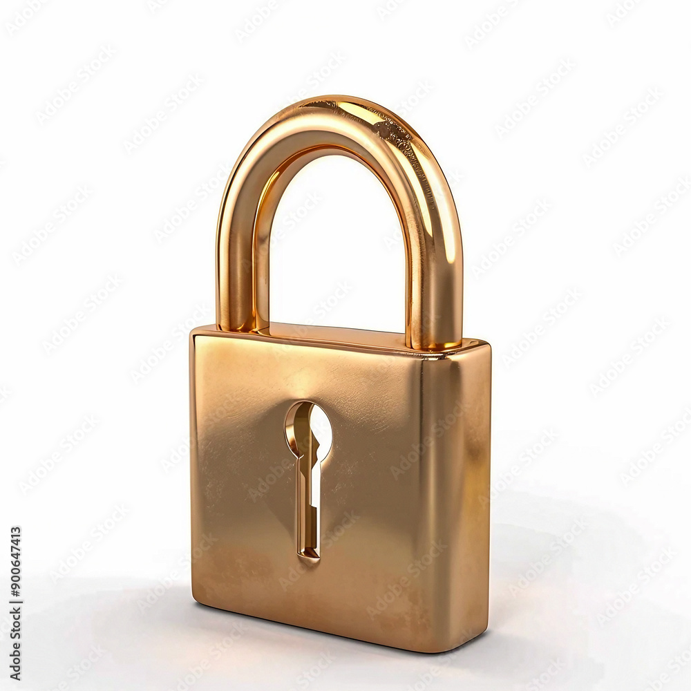 Golden metal padlock on a full white background closeup Golden metal padlock on a full white background closeup