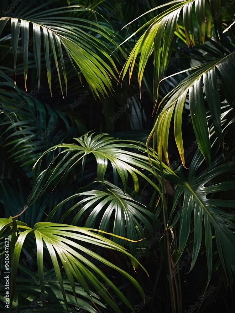 Vibrant palm leaves background. Floral wallpaper with sunlit shadows. High contrast Vibrant palm leaves background. Floral wallpaper with sunlit shadows. High contrast