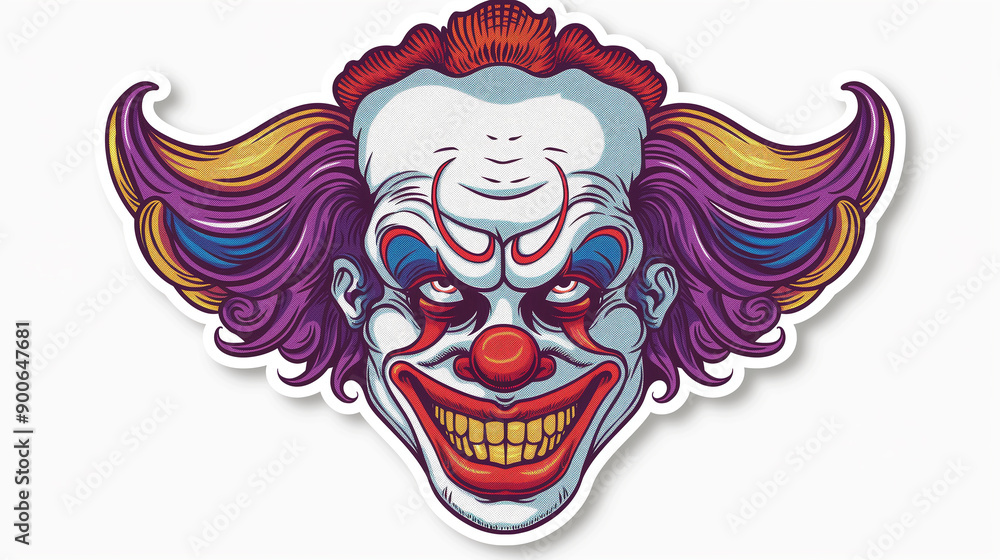 A sticker depicting a frightening clown head for Halloween. A sticker depicting a frightening clown head for Halloween.