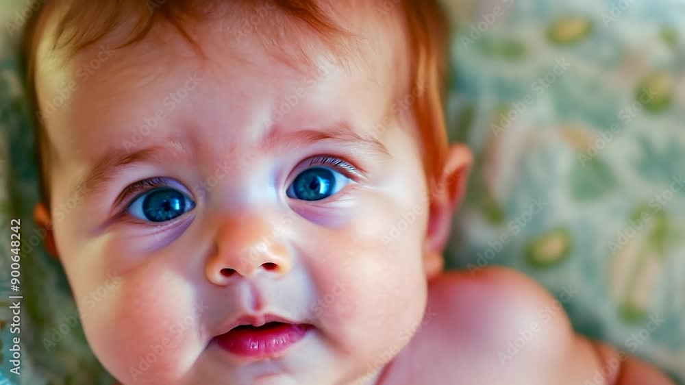 A joyful baby with bright blue eyes gazes curiously while resting on a soft floral blanket under warm sunlight A joyful baby with bright blue eyes gazes curiously while resting on a soft floral blanket under warm sunlight