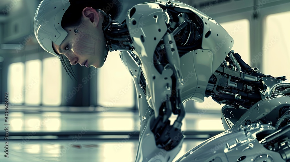 Fototapeta premium Biomechanical Female in Crouching Position Among Metallic Surfaces at Dusk