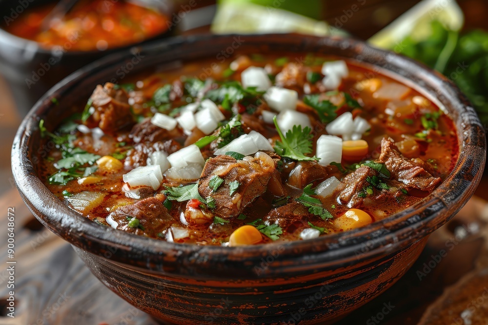 A bowl of moqueca, a Brazilian fish stew made with coconut milk, tomatoes, onions, garlic, and cilantro, served with a side of farofa. A bowl of moqueca, a Brazilian fish stew made with coconut milk, tomatoes, onions, garlic, and cilantro, served with a side of farofa.