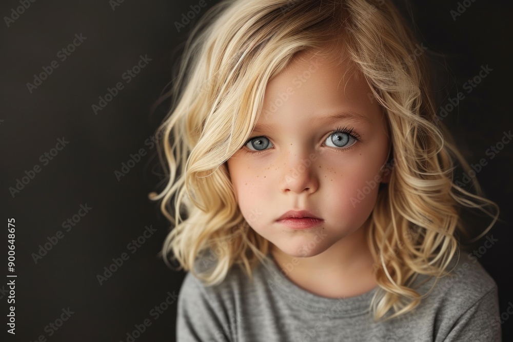 Closeup portrait of a child with striking blue eyes against a dark background Closeup portrait of a child with striking blue eyes against a dark background