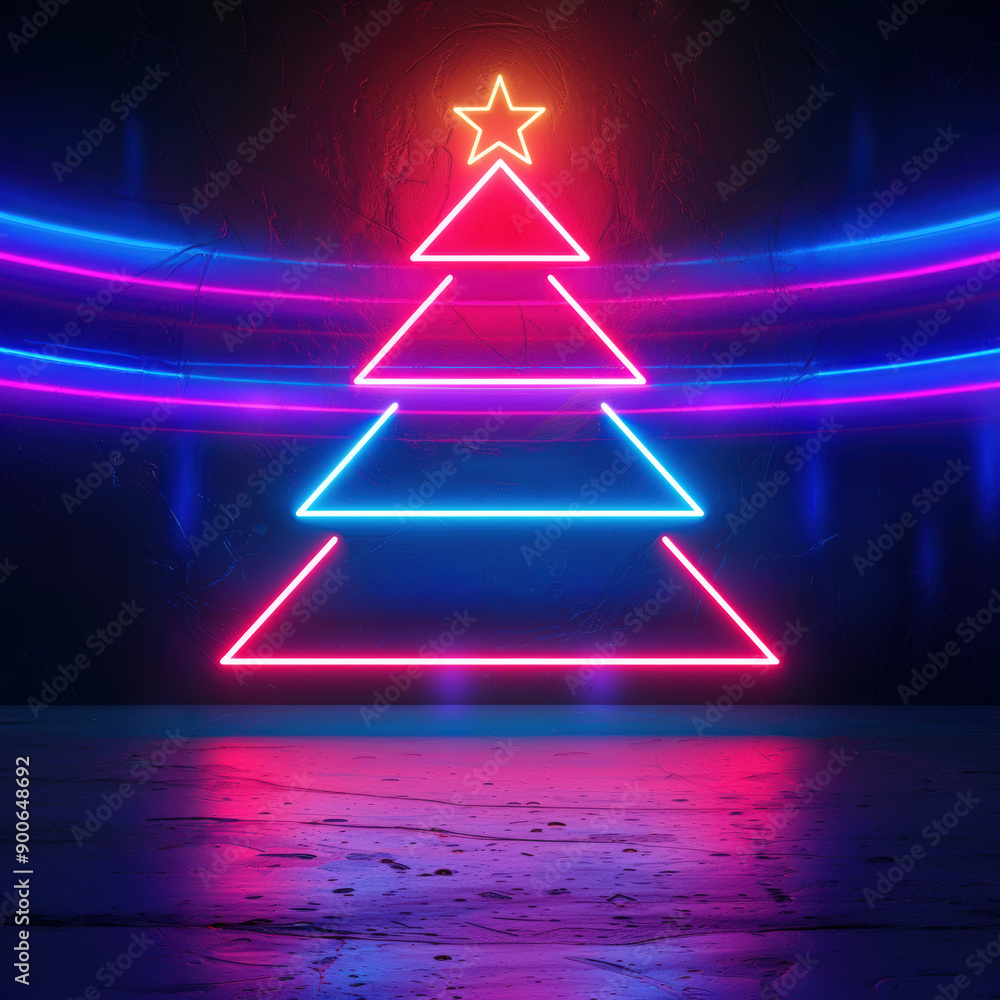 Glow neon Christmas tree on dark cement wall, blinking fir tree light sign, interior night club, simple symbol shape. Party advertisement poster, invitation banner, Christmas card, holiday background Glow neon Christmas tree on dark cement wall, blinking fir tree light sign, interior night club, simple symbol shape. Party advertisement poster, invitation banner, Christmas card, holiday background