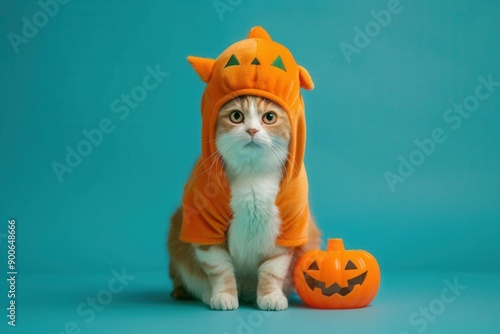 Adorable cat in a pumpkin costume, perfect for Halloween or fall-themed projects. Cute and playful pet photography. photo