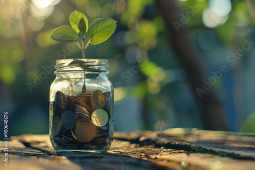 photo of coins in a mason jar, with a small sprout, forest charity, donate for the environment, in a style of a donation foundation for the environment photo