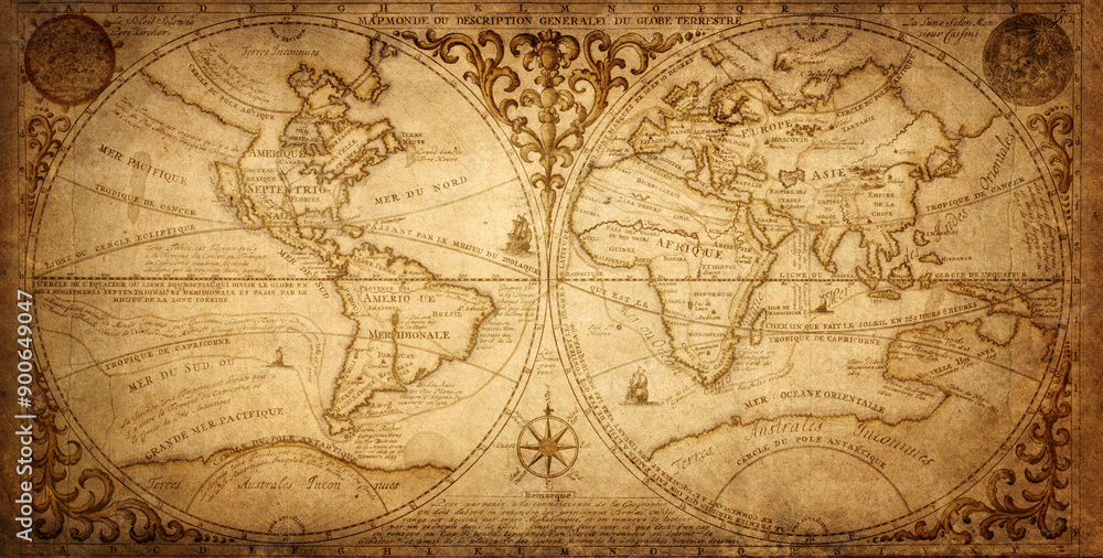 Obraz premium Old geographical map of the world of the 18 century. Collage. A good background for design on the theme of travel, geography, history, voyage, etc. Ancient map background.