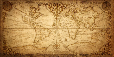 Old geographical map of the world of the 18 century. Collage. A good background for design on the theme of travel, geography, history, voyage, etc. Ancient map background.