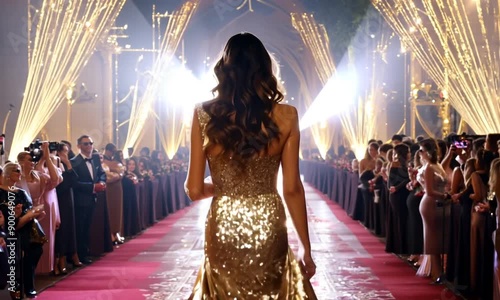 Back view of an elegant woman walking a red carpet event, her shimmering gold gown flowing gracefully