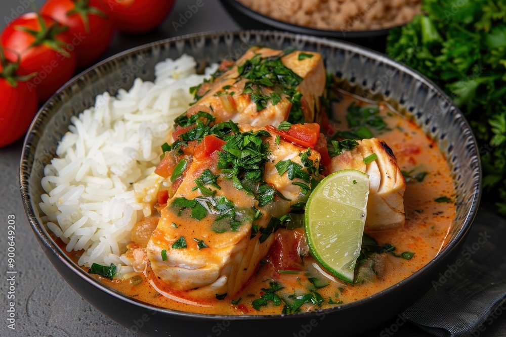 A bowl of moqueca, a Brazilian fish stew made with coconut milk, tomatoes, onions, garlic, and cilantro, served with a side of farofa. A bowl of moqueca, a Brazilian fish stew made with coconut milk, tomatoes, onions, garlic, and cilantro, served with a side of farofa.