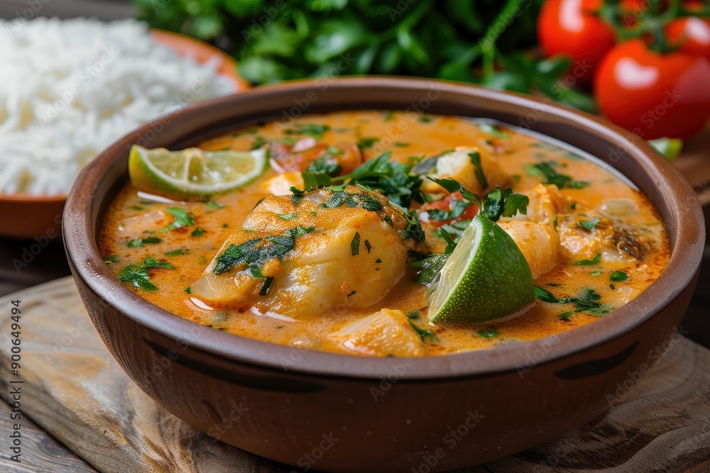 A bowl of moqueca, a Brazilian fish stew made with coconut milk, tomatoes, onions, garlic, and cilantro, served with a side of farofa. A bowl of moqueca, a Brazilian fish stew made with coconut milk, tomatoes, onions, garlic, and cilantro, served with a side of farofa.