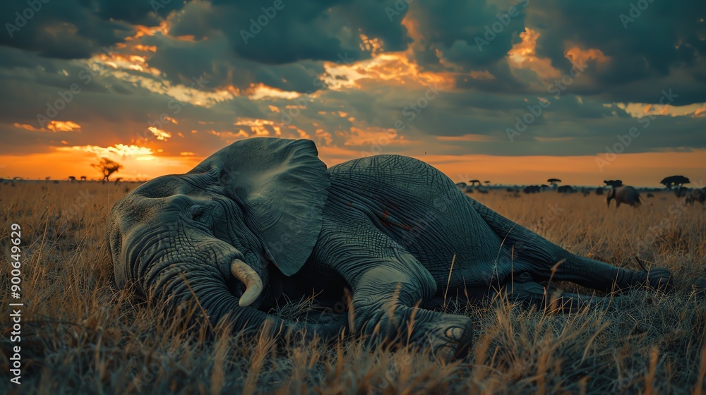 Fototapeta premium Elephant resting in a vast savanna under a dramatic sunset sky, capturing the essence of wildlife and nature's beauty at dusk.