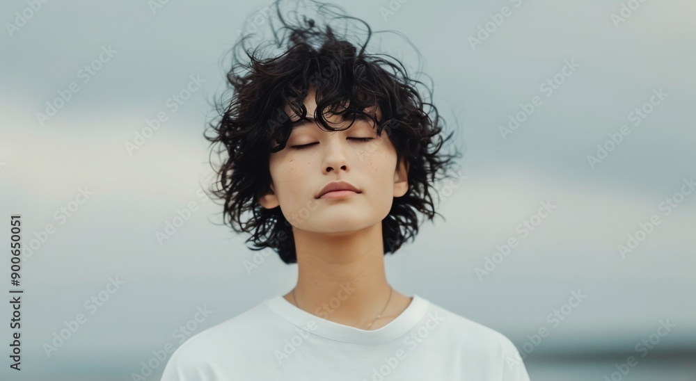 Woman With Curly Hair Meditating Outdoors Woman With Curly Hair Meditating Outdoors