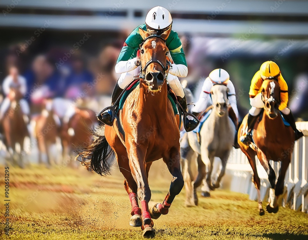 Horses and jockeys in mid-race action, competing for the victory on sunny day with blurred background Horses and jockeys in mid-race action, competing for the victory on sunny day with blurred background