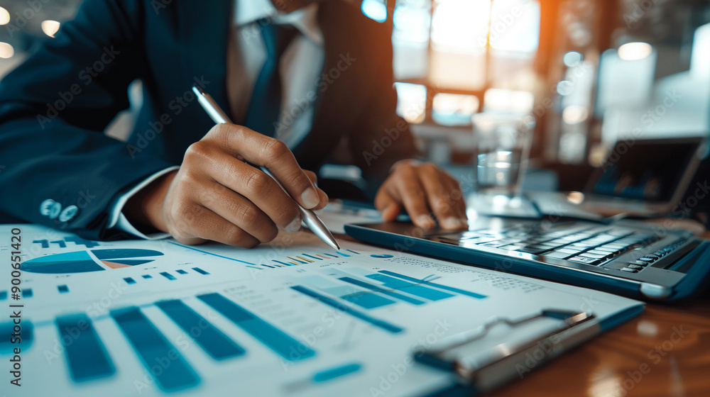 Businessman analyzing fiscal data for strategic investment planning with detailed charts profitability metrics Businessman analyzing fiscal data for strategic investment planning with detailed charts profitability metrics