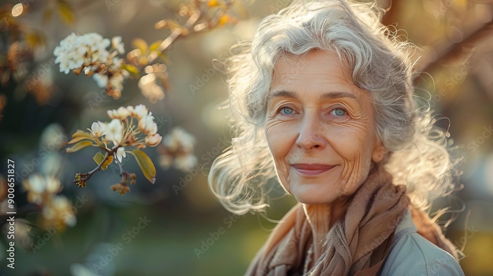 Beautiful elderly woman in a garden, Anti-aging, Natural beauty and outdoor lifestyle Beautiful elderly woman in a garden, Anti-aging, Natural beauty and outdoor lifestyle