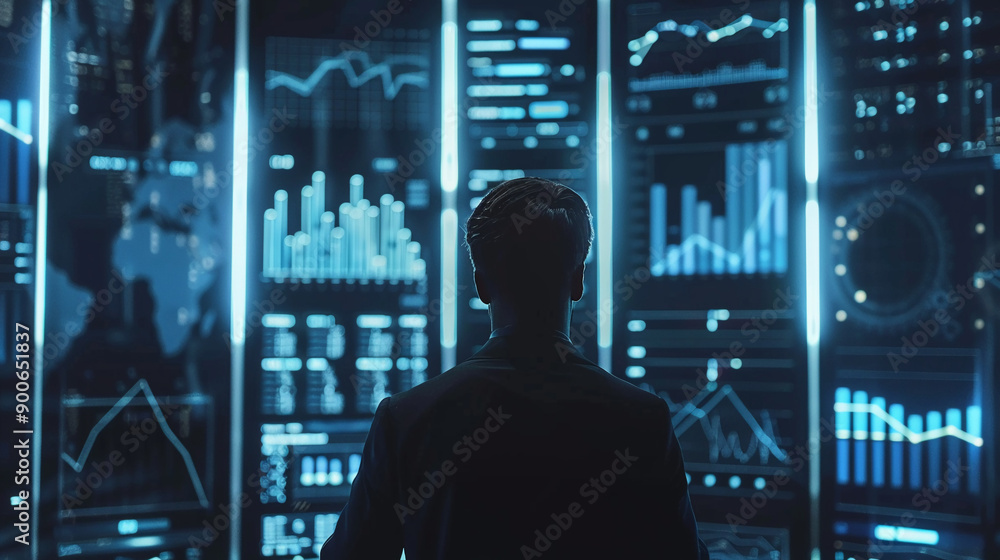 Businessman discussing revenue growth with financial data projections Businessman discussing revenue growth with financial data projections