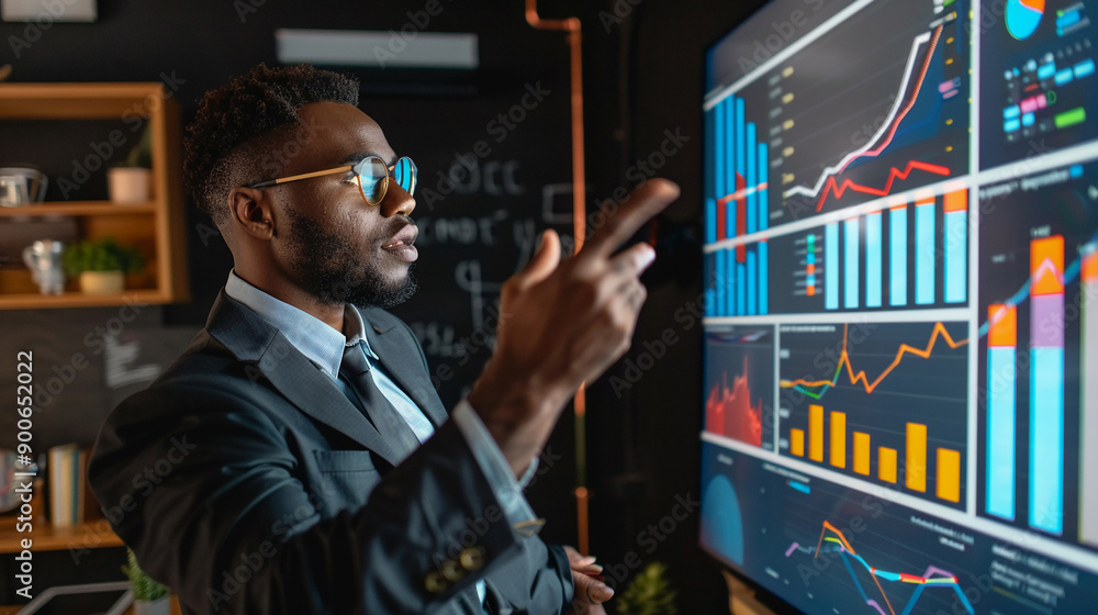 Businessman leading a meeting focused on financial growth and data insights including market trends and projections Businessman leading a meeting focused on financial growth and data insights including market trends and projections
