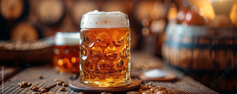 Close-up of a traditional wooden beer stein filled with frothy amber beer at Oktoberfest. Close-up of a traditional wooden beer stein filled with frothy amber beer at Oktoberfest.