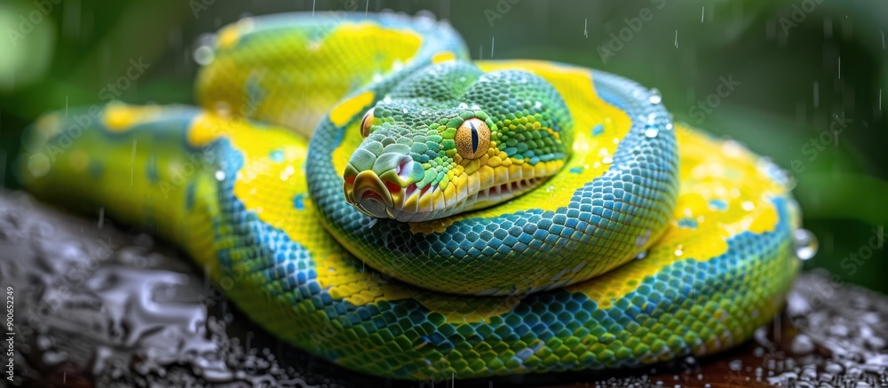 Fototapeta premium Green Tree Python in the Rain