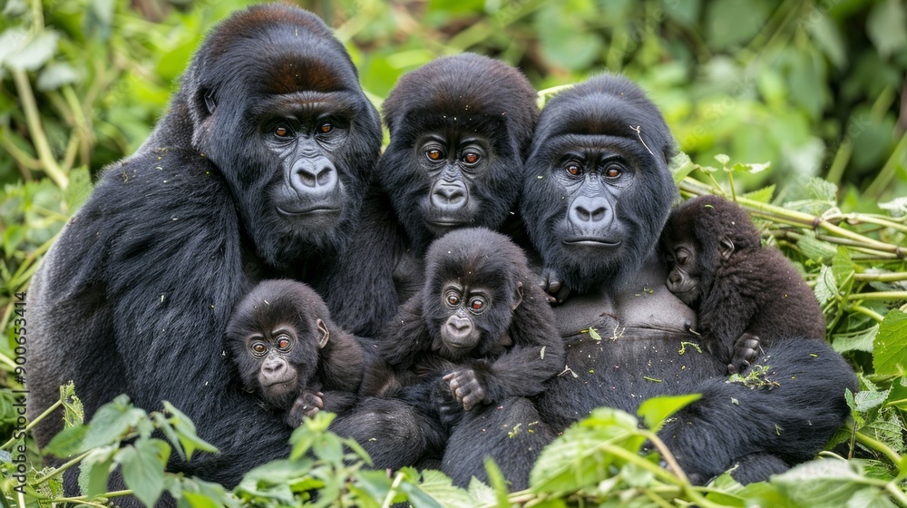 Obraz premium A family of gorillas are sitting together in a lush green forest