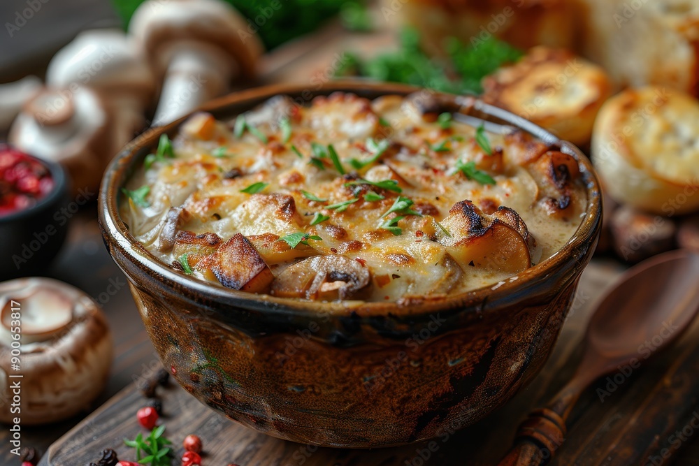 A bowl of mushroom julienne, a creamy mushroom and cheese casserole, served in a small ceramic pot.