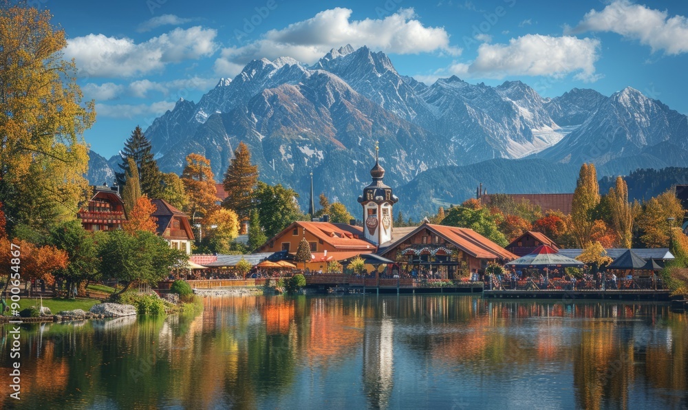 Fototapeta premium A scenic view of a beer tent with mountains in the background at the Oktoberfest festival.