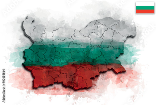 MAP OF BULGARIA WITH ITS REGIONS AND POLITICAL ADMINISTRATIVE DIVISIONS WATERCOLOR STYLE