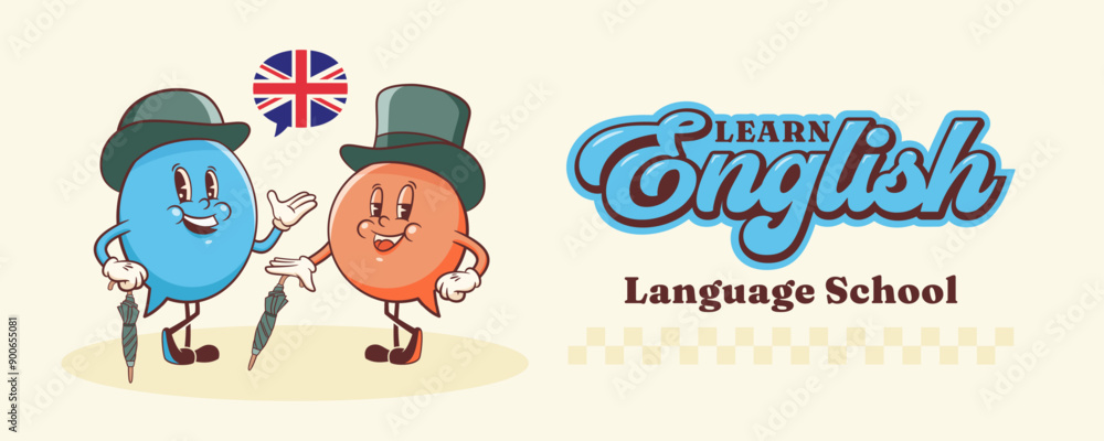 Vector English Talk Language Learning Group of British Gentleman Characters in Hats Illustration Banner. Groovy Cartoon Speech Bubbles Conversation Chat Message London Speak Personage Isolated Vector English Talk Language Learning Group of British Gentleman Characters in Hats Illustration Banner. Groovy Cartoon Speech Bubbles Conversation Chat Message London Speak Personage Isolated