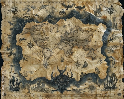 Fototapeta Naklejka Na Ścianę i Meble -  An aged, hand-drawn map with a dark blue border depicting a fantastical world filled with creatures, symbols, and mythical places.