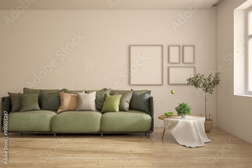 Obraz na płótnie White living room with sofa. Scandinavian interior design. 3D illustration w salonie