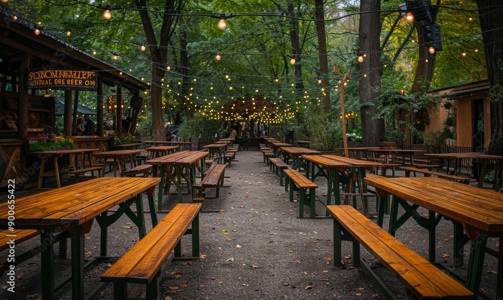 A beer garden with long wooden tables and benches at the Oktoberfest festival. A beer garden with long wooden tables and benches at the Oktoberfest festival.