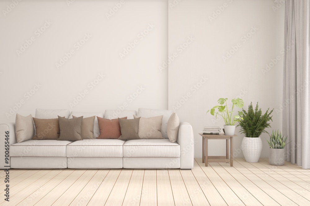 White living room with sofa. Scandinavian interior design. 3D illustration