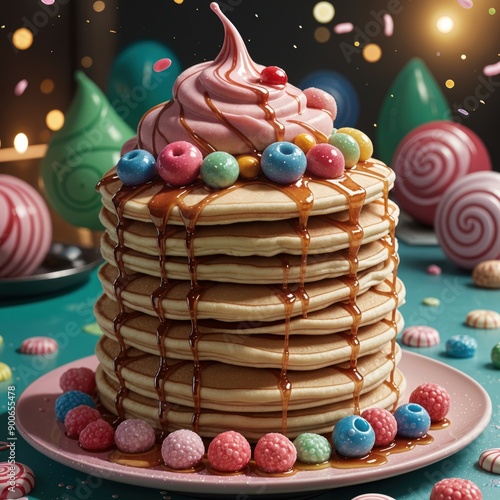 Festive Pancakes Stack with Berries, Syrup, and Whipped Cream Topping surrounded by colorful candies and festive decorations