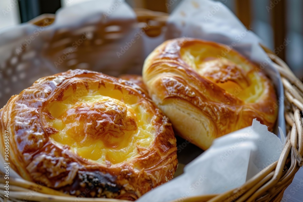 Delicious custardfilled pastries in a cozy basket, ready to serve Delicious custardfilled pastries in a cozy basket, ready to serve