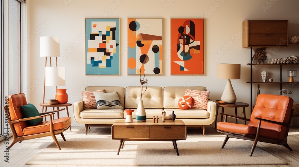 Obraz premium Mid-Century Modern Living Room with Geometric Art