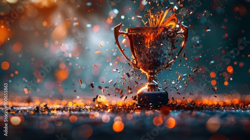 A dynamic 3D rendering of a trophy cup shattering into digital fragments, symbolizing breaking records and pushing boundaries.