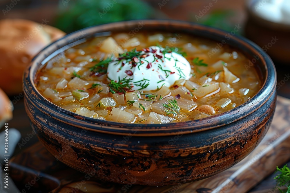 A bowl of schi, traditional Russian cabbage soup, garnished with fresh dill and a dollop of sour cream. A bowl of schi, traditional Russian cabbage soup, garnished with fresh dill and a dollop of sour cream.