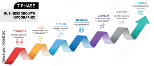 3D Arrow Infographic Vector Illustration. 7 Step Business Growth Projection Infographic Concept.