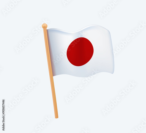Realistic Japanese Flag 3D icon vector. Japan flag modern icon. Waving in the Wind on Pole. © RedVector
