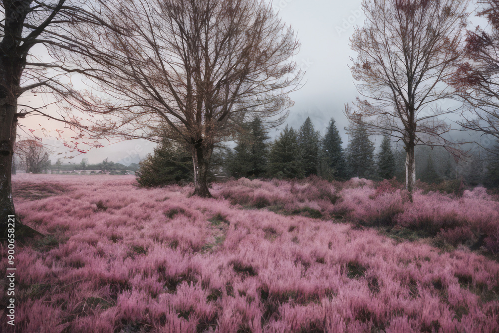 Obraz premium Solitary tree stands tall amidst a vast lavender field bathed in soft spring sunlight