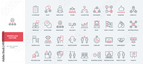 Business communication in office workplace, corporate company structure and organization, KPI line icon set. Workforce flowchart, employee thin black and red outline symbols vector illustration