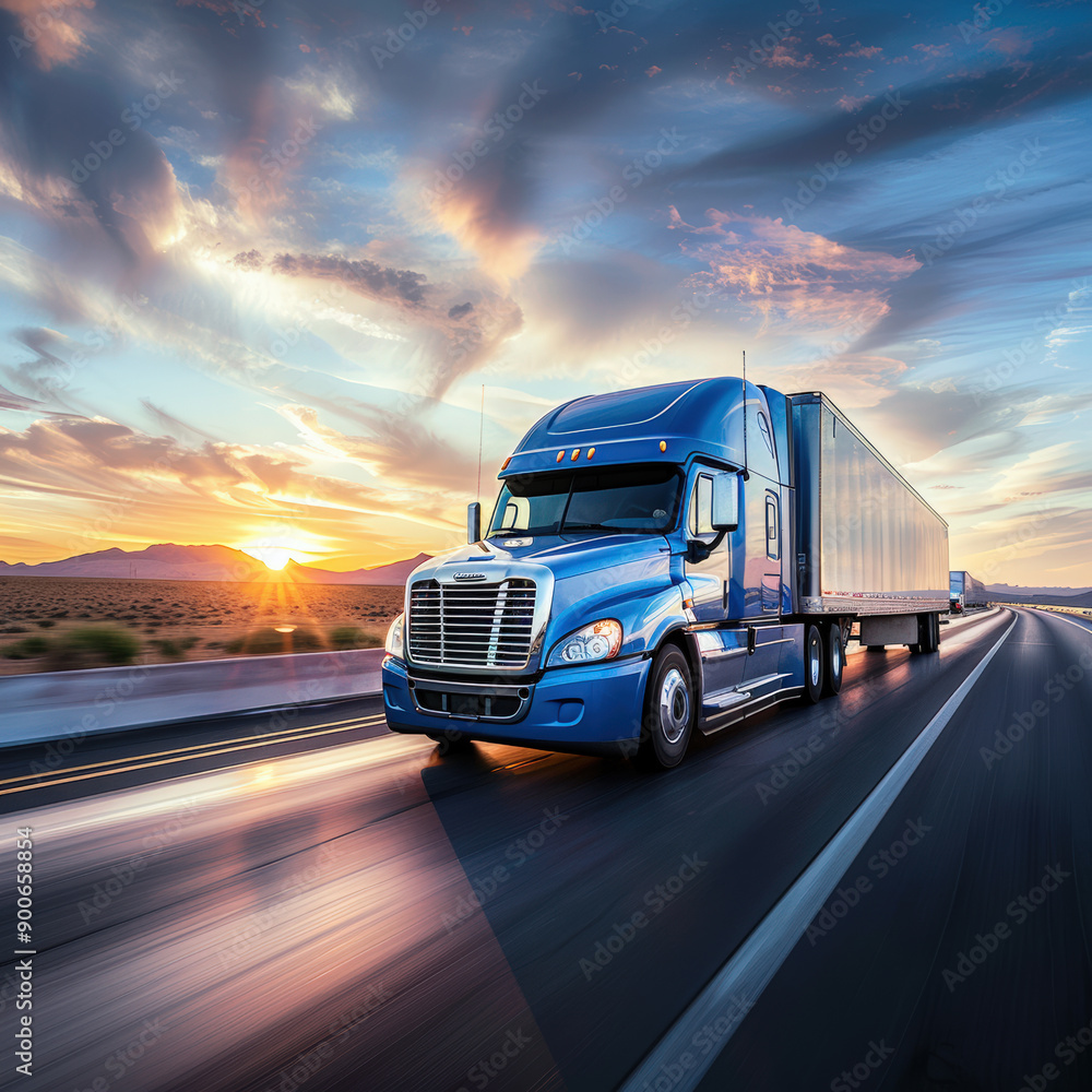 Sunset Journey: Blue Semi-Truck on Open Highway Sunset Journey: Blue Semi-Truck on Open Highway