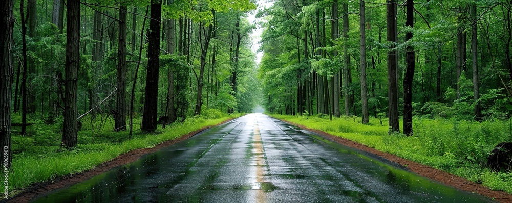 A wet asphalt road in the middle of a green forest and bright lights from above A wet asphalt road in the middle of a green forest and bright lights from above