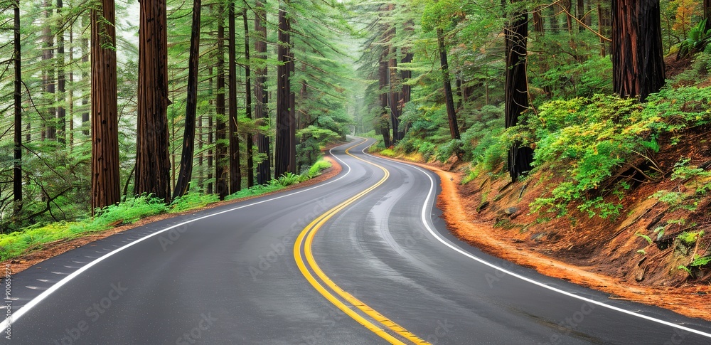 Fototapeta premium An asphalt road in the middle of a foggy forest