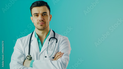 
A doctor wearing a stethoscope, standing against a light blue background with ample copy space. The image highlights the medical professional in a clean, minimalistic setting.