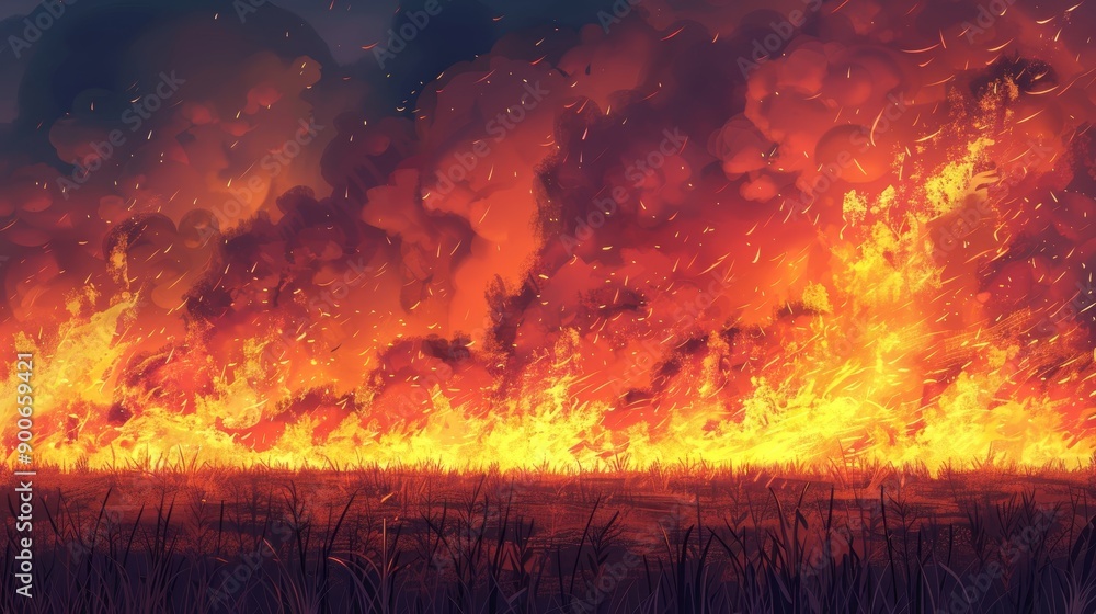 A dramatic landscape depicting a raging wildfire with intense orange flames and smoky skies, highlighting nature's fierce power.